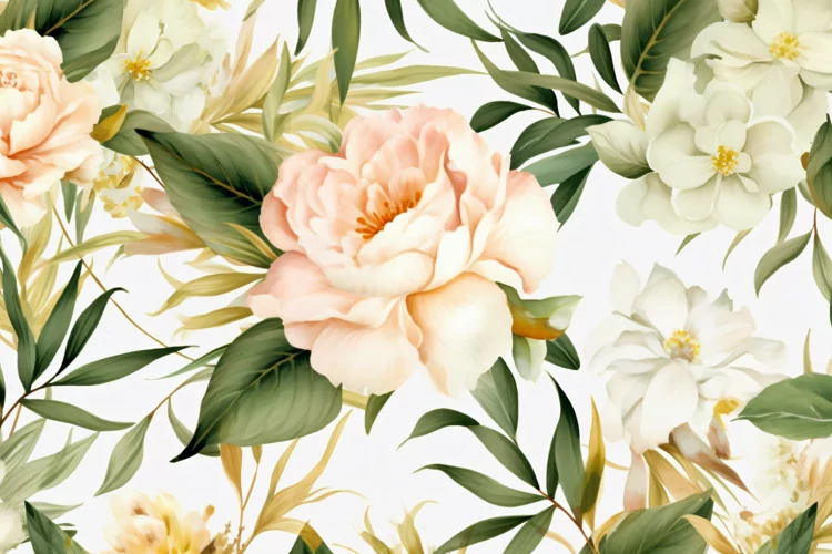 Watercolor floral border wreath with green leaves background