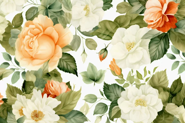 Watercolor floral border wreath with green leaves background