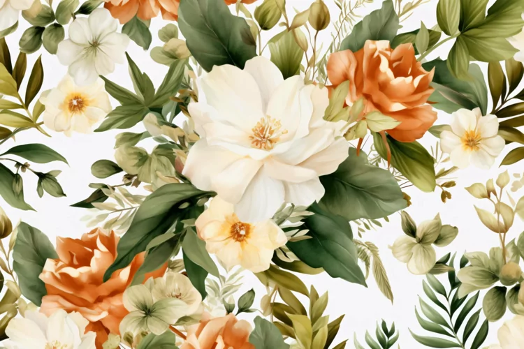 Watercolor floral border wreath with green leaves background