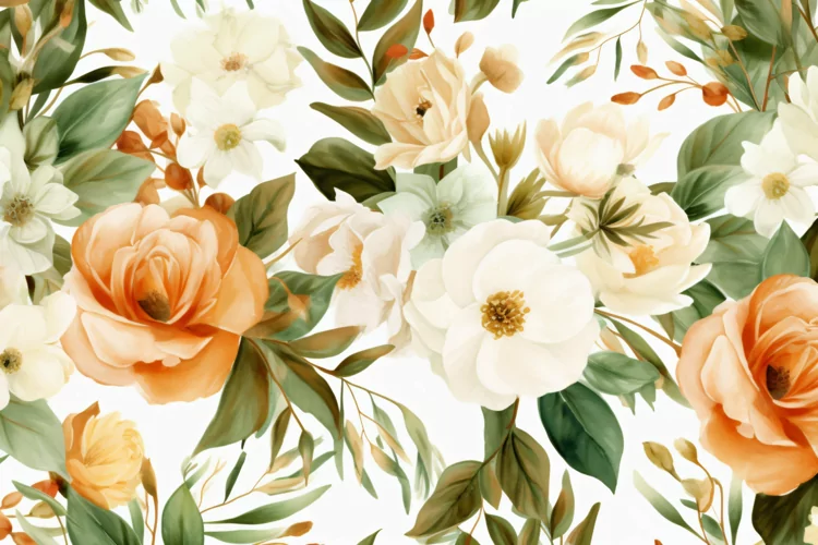 Watercolor floral border wreath with green leaves background