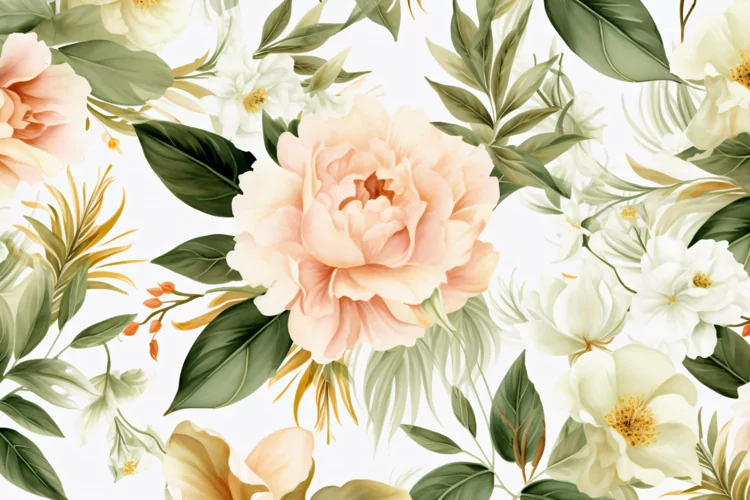 Watercolor floral border wreath with green leaves background