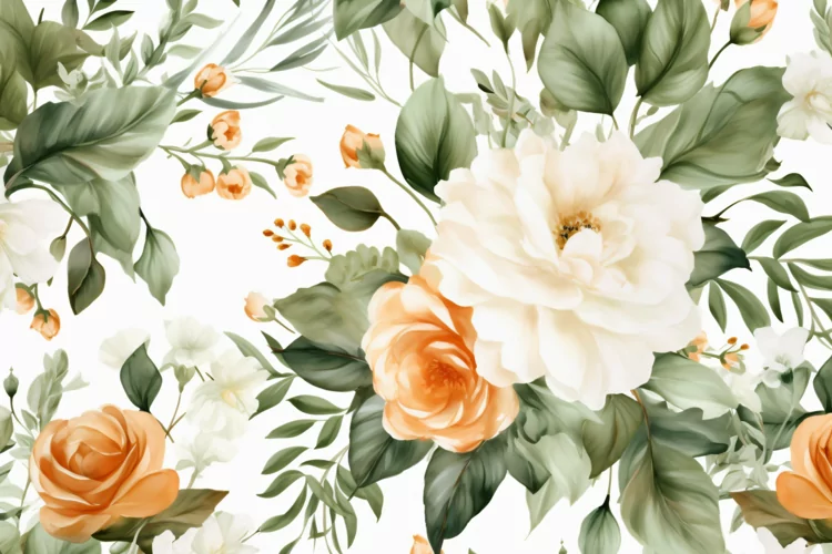 Watercolor floral border wreath with green leaves background