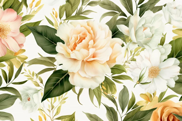Watercolor floral border wreath with green leaves background