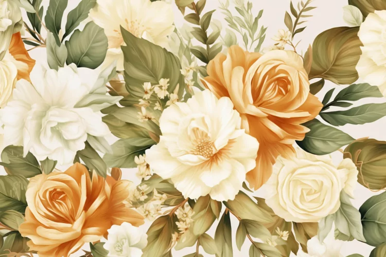 Watercolor floral border wreath with green leaves background