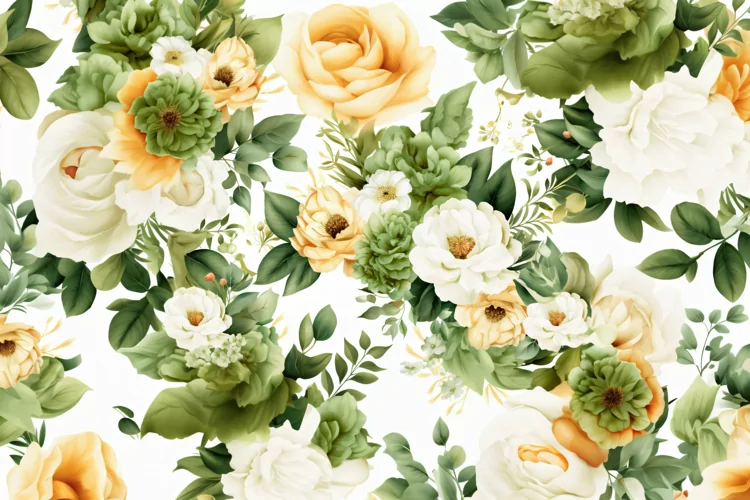 Watercolor floral border wreath with green leaves background