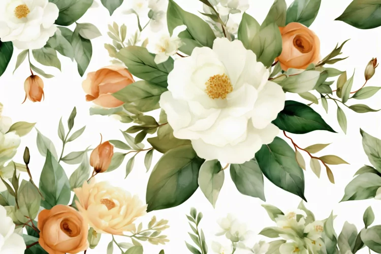 Watercolor floral border wreath with green leaves background