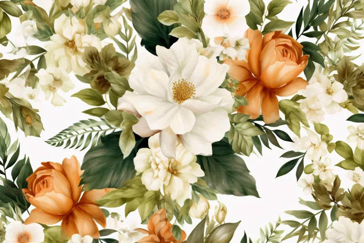 Watercolor floral border wreath with green leaves background