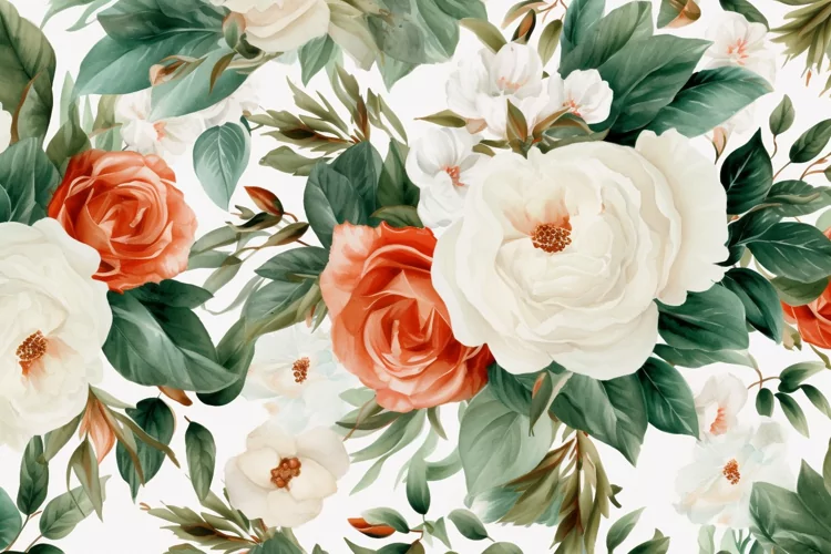 Watercolor floral border wreath with green leaves background