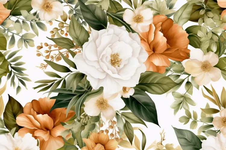 Watercolor floral border wreath with green leaves background