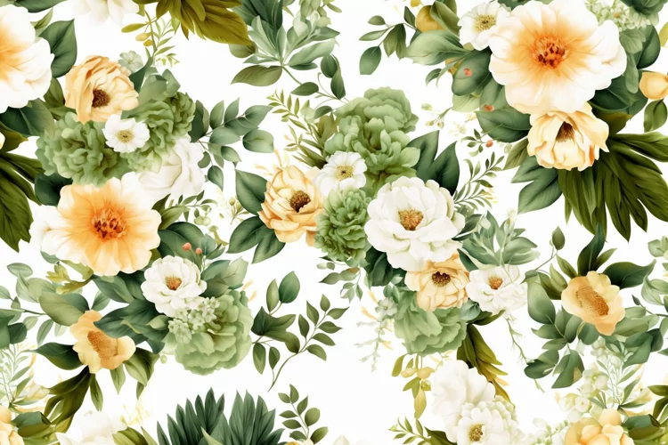 Watercolor floral border wreath with green leaves background