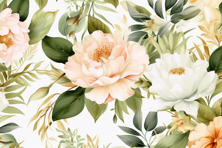 Watercolor floral border wreath with green leaves background