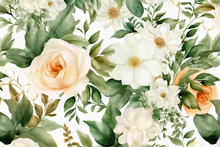 Watercolor floral border wreath with green leaves background
