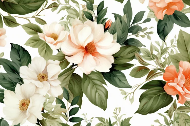 Watercolor floral border wreath with green leaves background