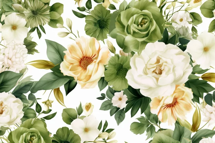 Watercolor floral border wreath with green leaves background
