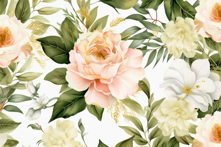 Watercolor floral border wreath with green leaves background