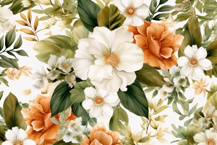 Watercolor floral border wreath with green leaves background