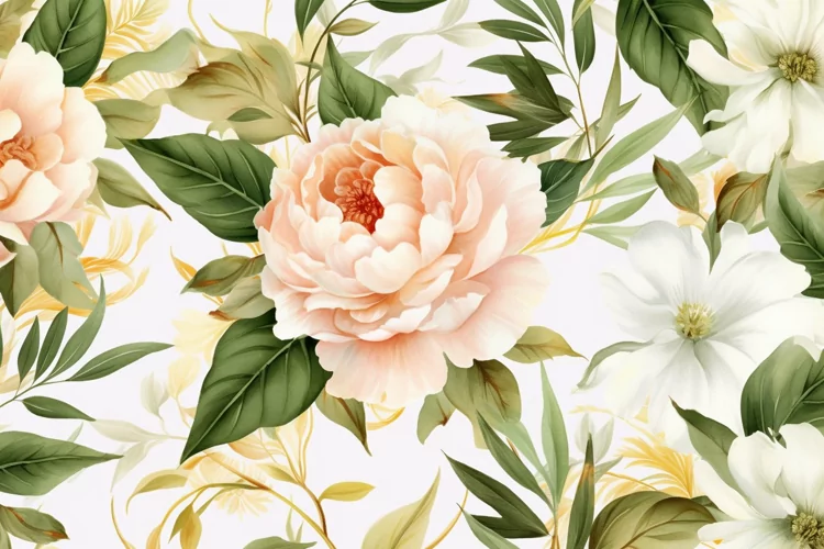 Watercolor floral border wreath with green leaves background