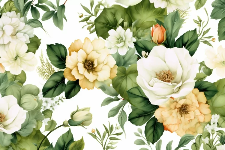 Watercolor floral border wreath with green leaves background