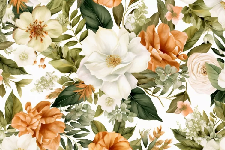 Watercolor floral border wreath with green leaves background