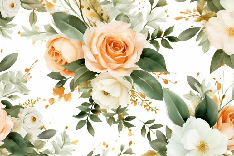 Watercolor floral border wreath with green leaves background