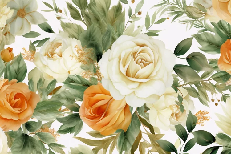 Watercolor floral border wreath with green leaves background