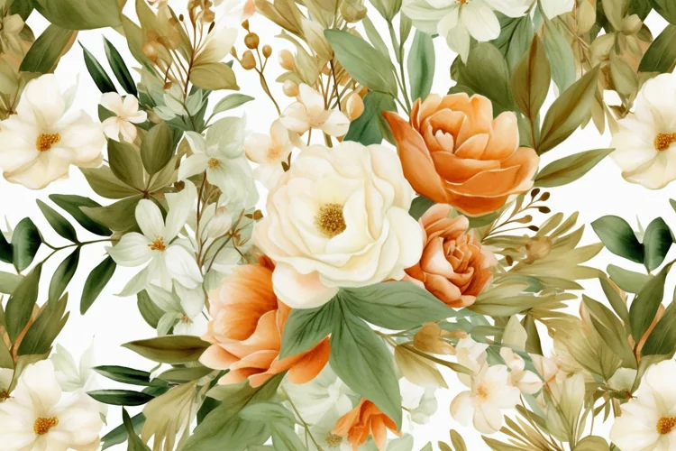 Watercolor floral border wreath with green leaves background