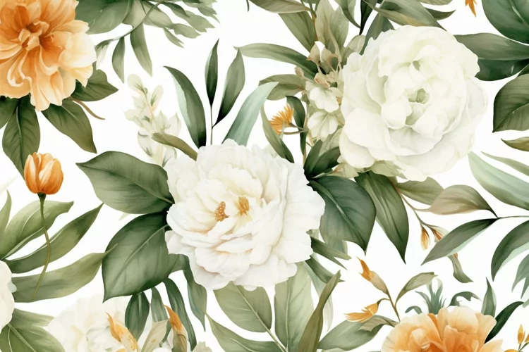 Watercolor floral border wreath with green leaves background