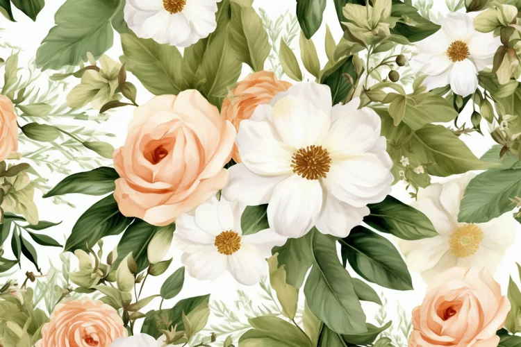 Watercolor floral border wreath with green leaves background