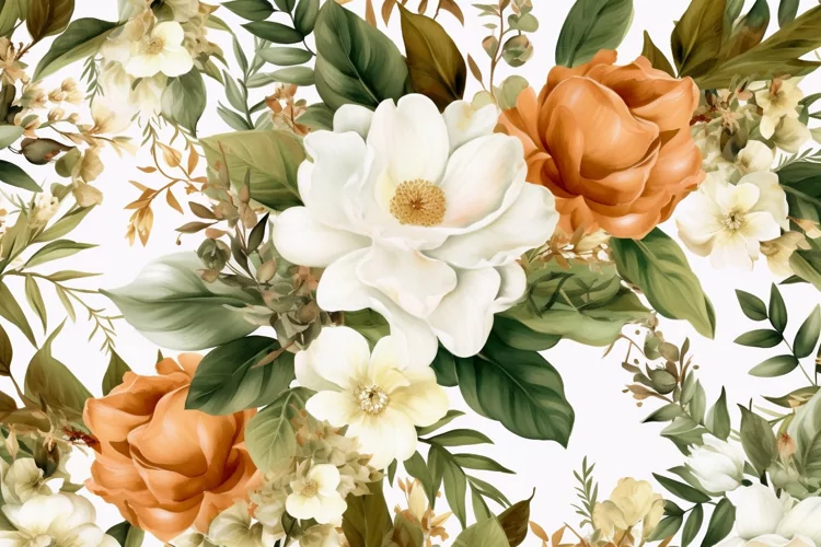 Watercolor floral border wreath with green leaves background