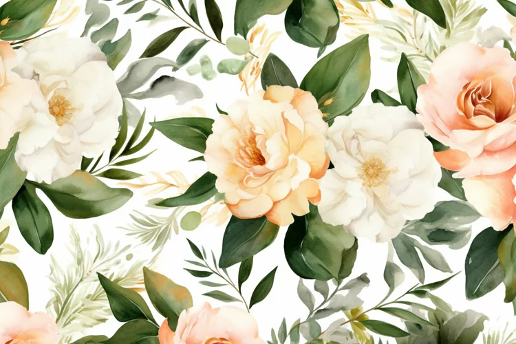 Watercolor floral border wreath with green leaves background