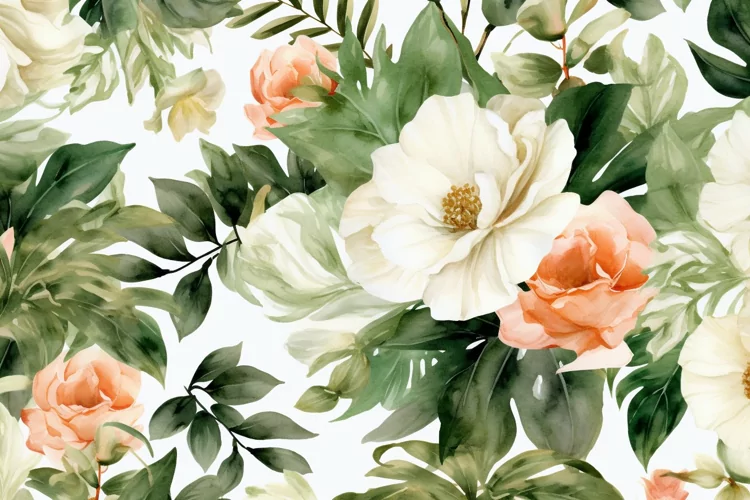 Watercolor floral border wreath with green leaves background