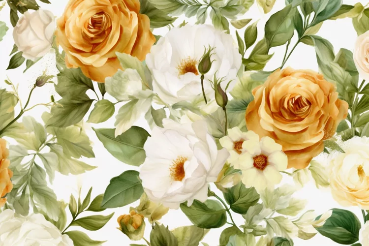 Watercolor floral border wreath with green leaves background