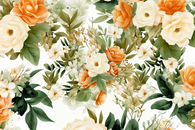 Watercolor floral border wreath with green leaves background