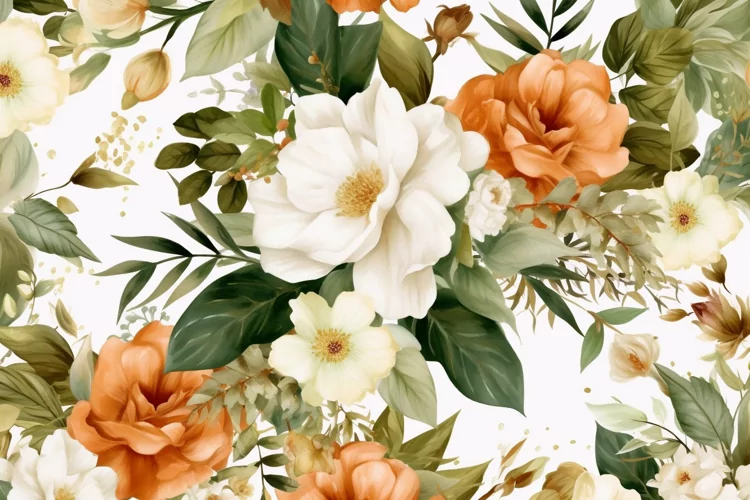 Watercolor floral border wreath with green leaves background