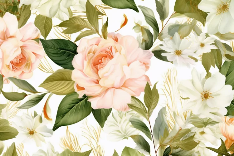Watercolor floral border wreath with green leaves background