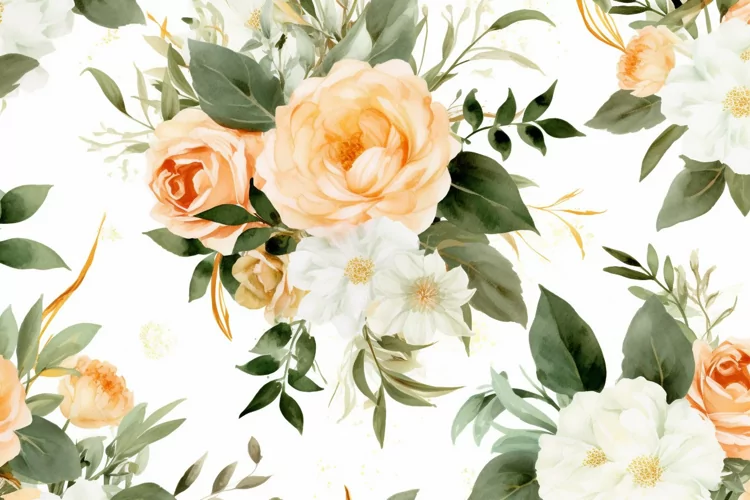 Watercolor floral border wreath with green leaves background