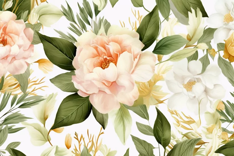Watercolor floral border wreath with green leaves background