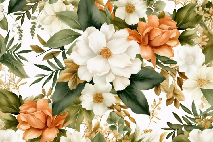 Watercolor floral border wreath with green leaves background