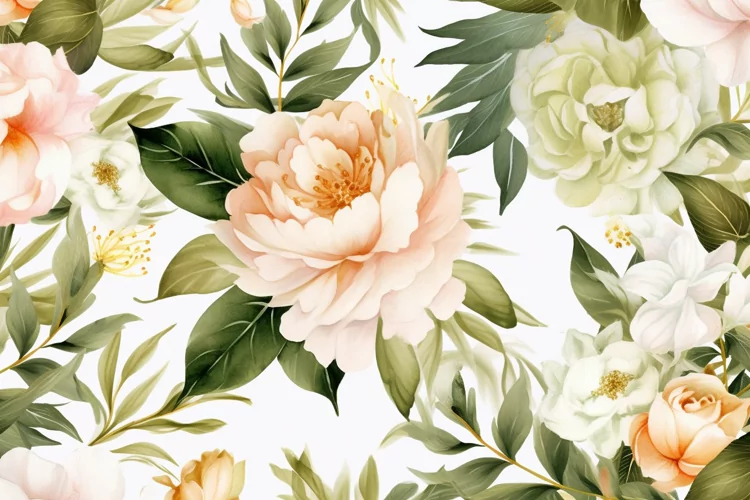 Watercolor floral border wreath with green leaves background