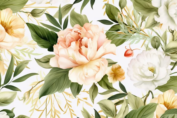 Watercolor floral border wreath with green leaves background