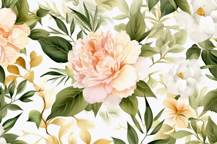 Watercolor floral border wreath with green leaves background
