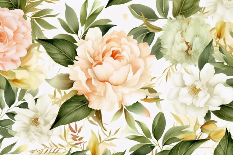 Watercolor floral border wreath with green leaves background