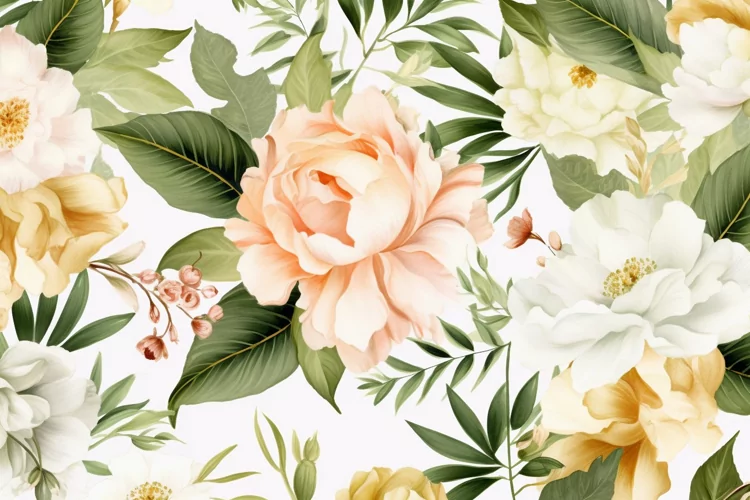Watercolor floral border wreath with green leaves background