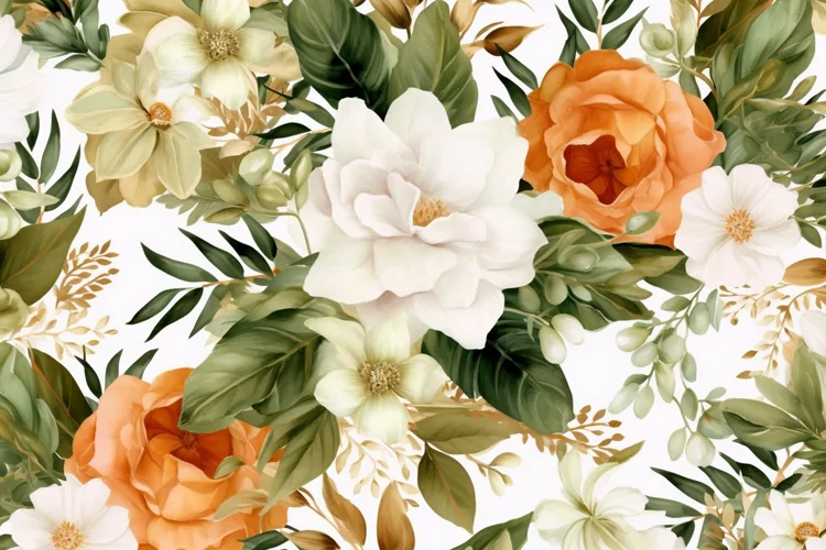 Watercolor floral border wreath with green leaves background