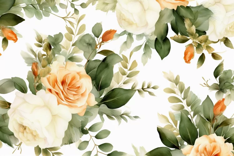 Watercolor floral border wreath with green leaves background