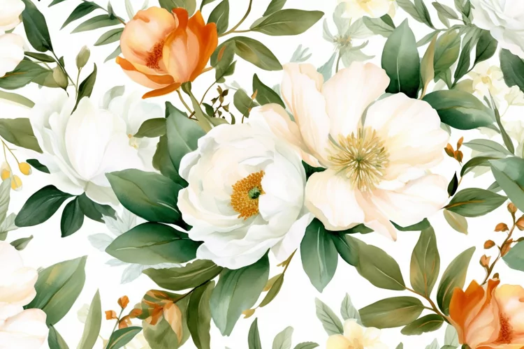 Watercolor floral border wreath with green leaves background