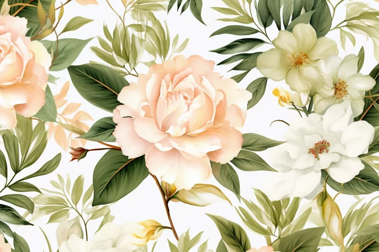 Watercolor floral border wreath with green leaves background