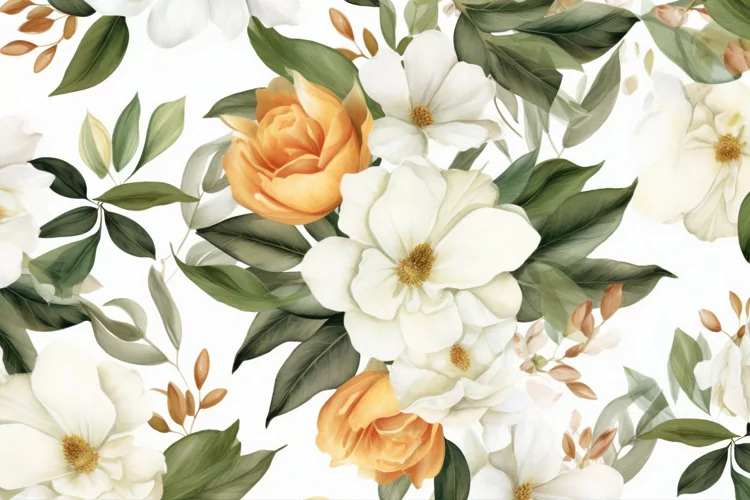 Watercolor floral border wreath with green leaves background