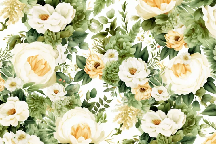 Watercolor floral border wreath with green leaves background