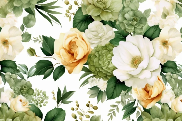 Watercolor floral border wreath with green leaves background